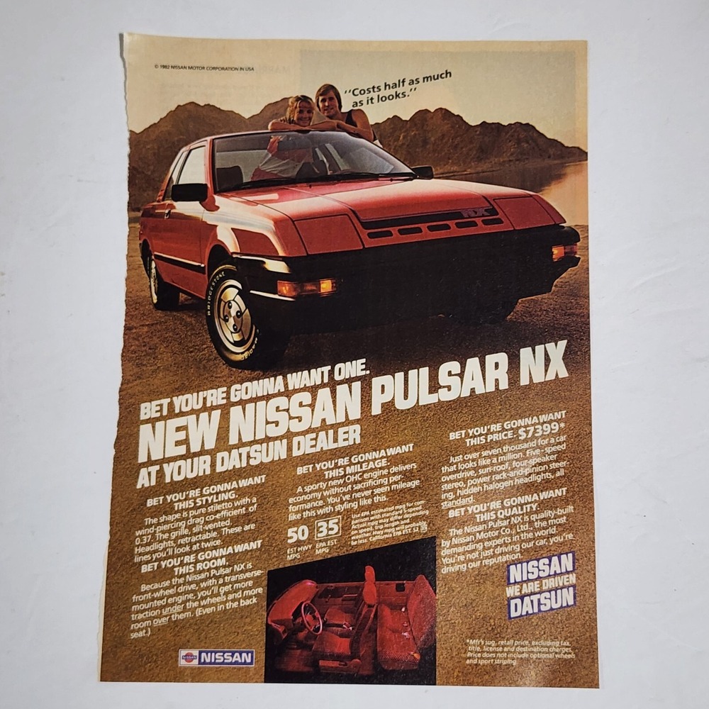 Vintage Print Ad Nissan Pulsar NX Datsun red car clipping 1983 8x10.5